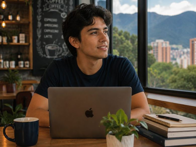 Estudiante universitario colombiano trabajando remoto antes de viajar a Australia